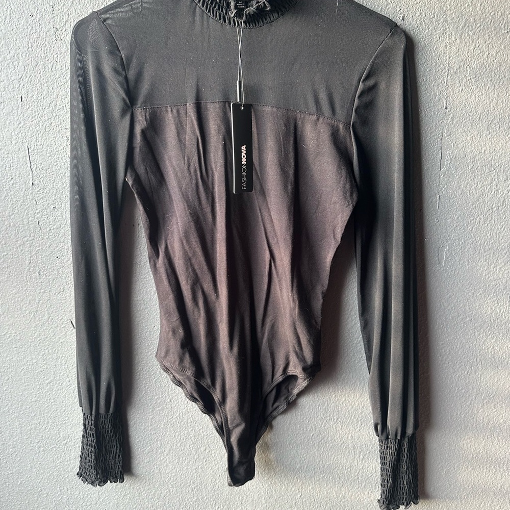 Fashion Nova Sheer Black Long Sleeve Bodysuit